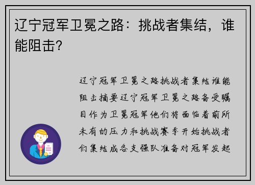 辽宁冠军卫冕之路：挑战者集结，谁能阻击？